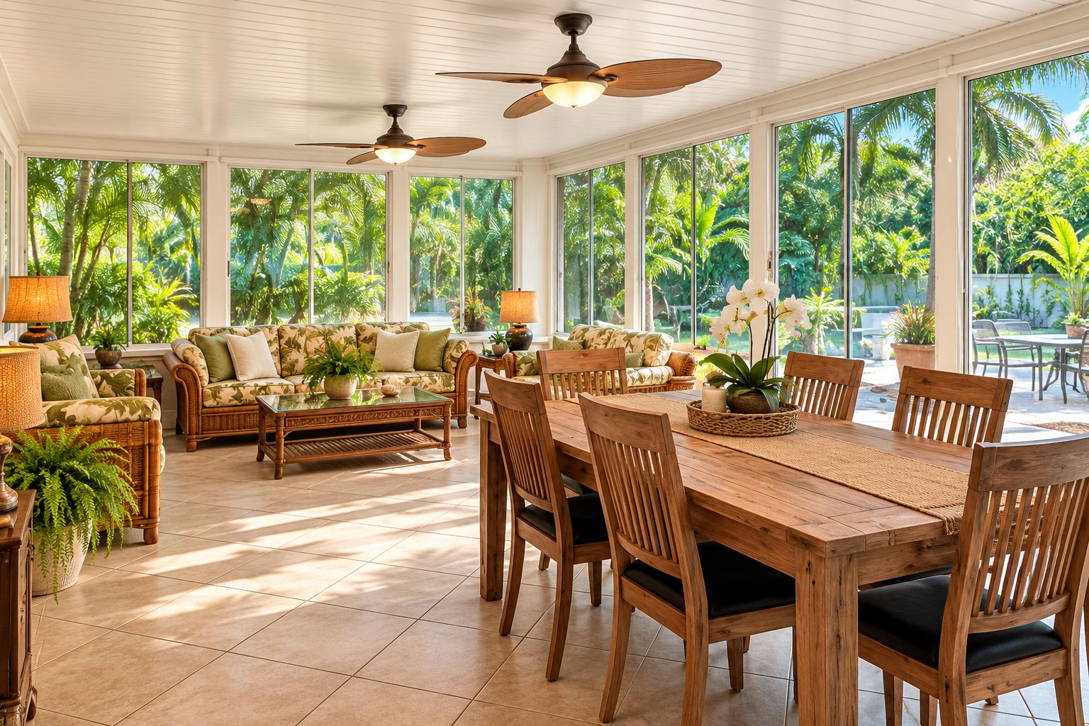 A spacious room with a large dining table, comfortable seating, and large windows offering a view of lush greenery.