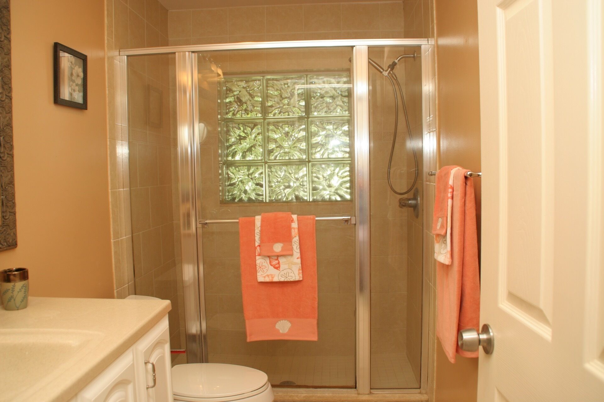 A walk-in shower with a glass door, a toilet, and a sink with a countertop.