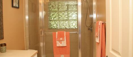 A walk-in shower with a glass door, a toilet, and a sink with a countertop.