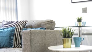 A modern living room with a grey sofa, blue cushions, a small round table with a plant and a blue mug, and a glass-top table with a potted plant. - Tudors eSuites Birmingham Apartments Jewellery Quarter (Birmingham)