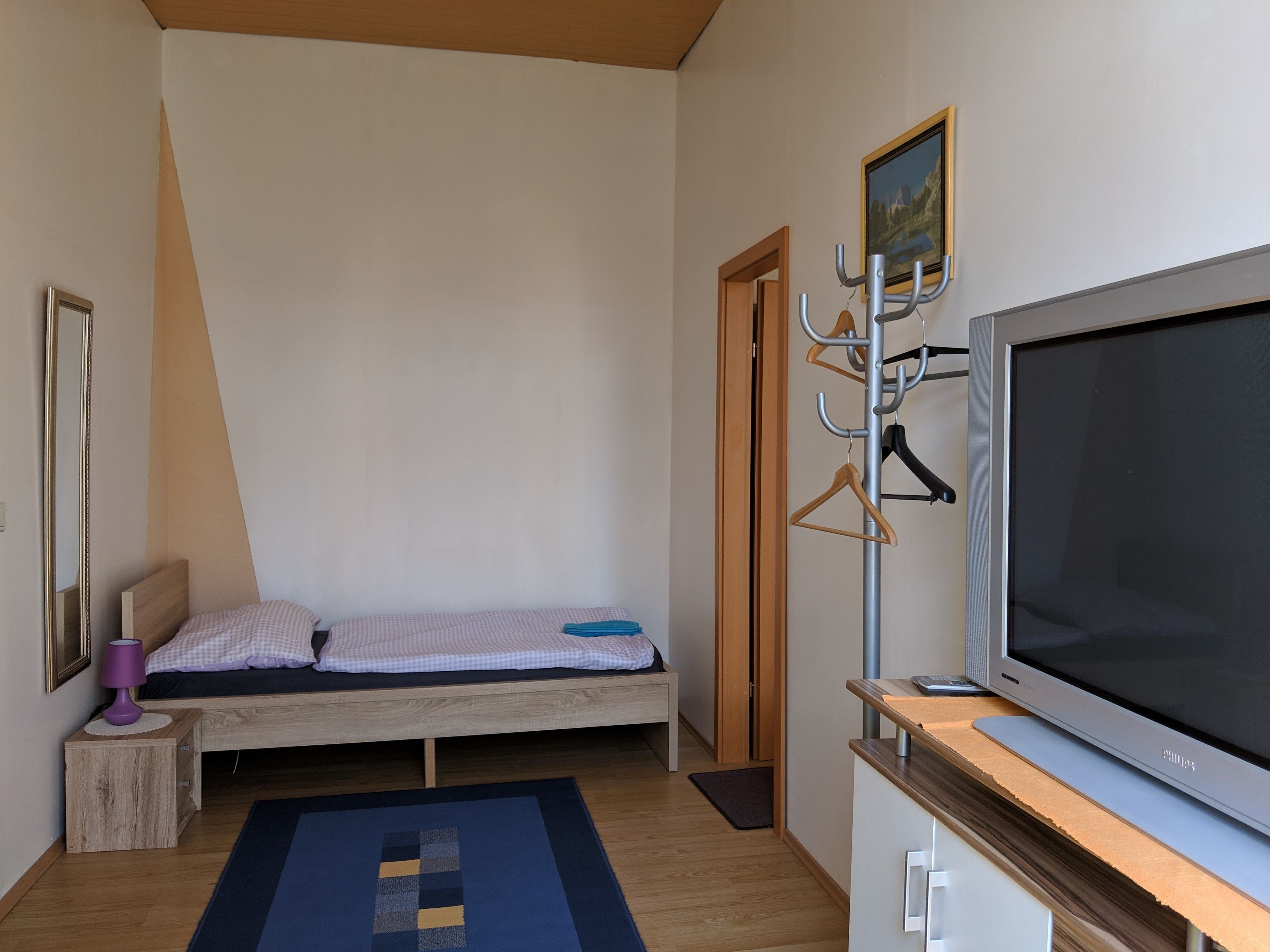 Un dormitorio con una cama, televisión, perchero y un cuadro en la pared.