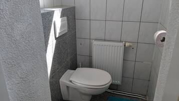 A small, compact bathroom with a toilet, a radiator, and a towel rack.