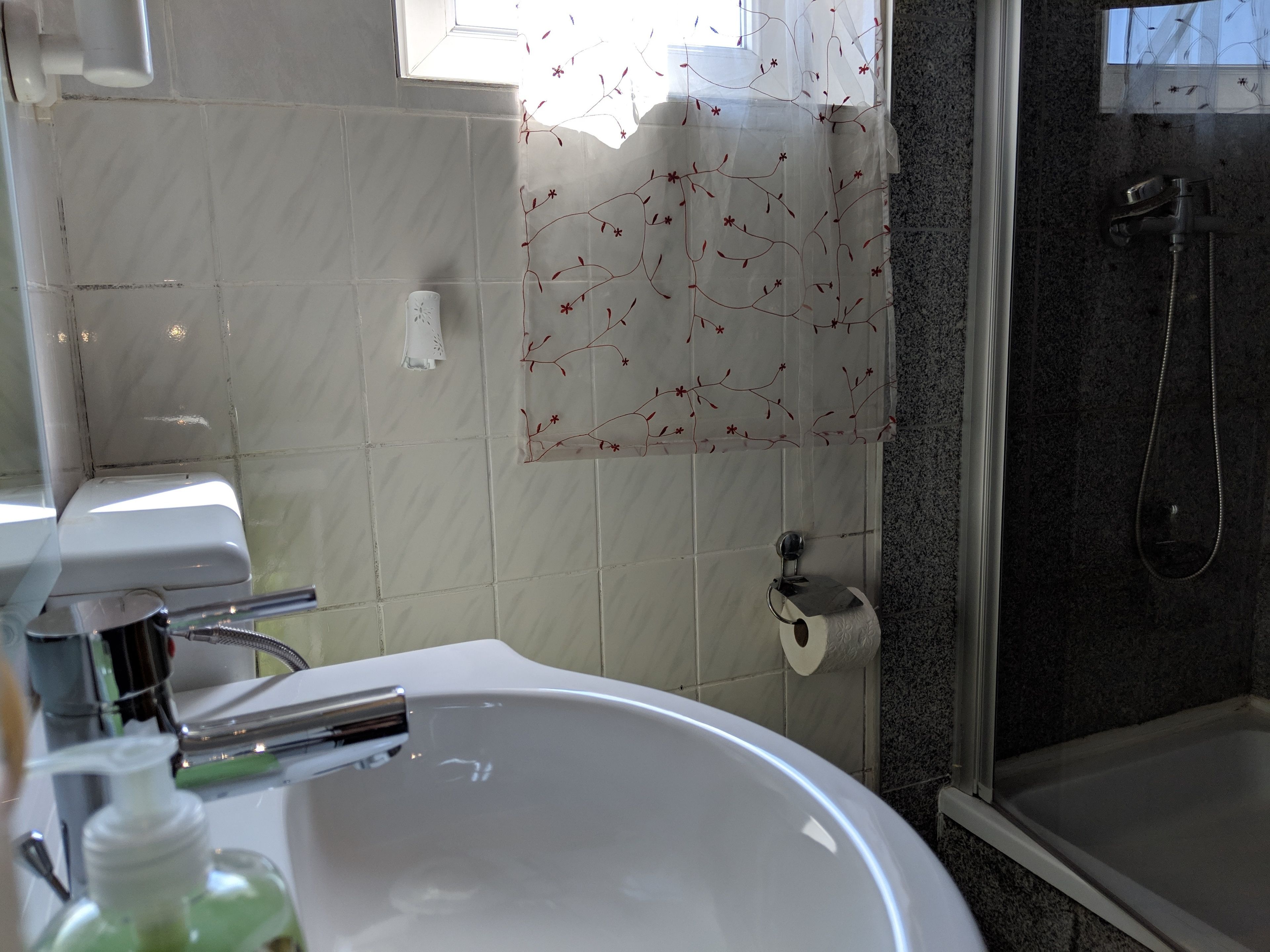 Un baño con lavamanos blanco, ducha e inodoro.