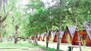 A row of wooden cabins in a forested area with a swing set and a signboard. - Hotel Fazenda Caluje (Engenheiro Paulo de Frontin)