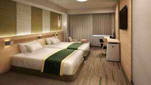 A hotel room with two beds, a desk, a chair, a TV, and a window with curtains. - Richmond Hotel Tenjin Nishidori (Fukuoka)