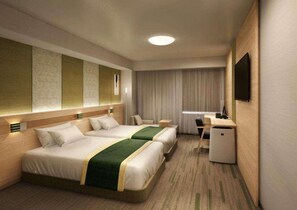 A hotel room with two beds, a desk, a chair, a TV, and a window with curtains. - Richmond Hotel Tenjin Nishidori (Fukuoka)