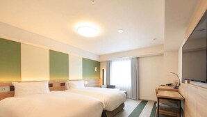 A hotel room with two beds, a desk, a television, and a window with curtains. - Richmond Hotel Tenjin Nishidori (Fukuoka)