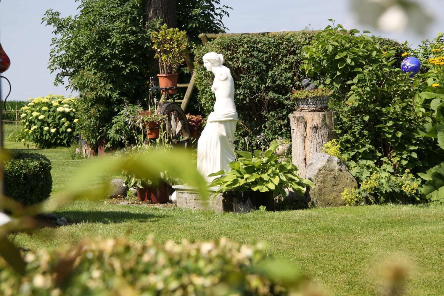 A garden with a white statue, various potted plants, and a hedge in the background.