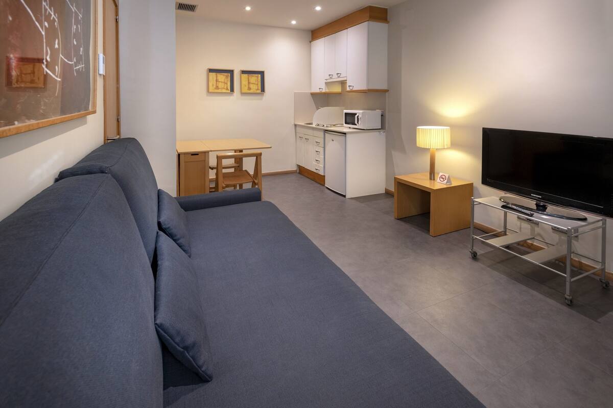 Un espace de vie compact comprenant un canapé, un téléviseur posé sur un meuble, un four à micro-ondes, une petite table et une kitchenette.
