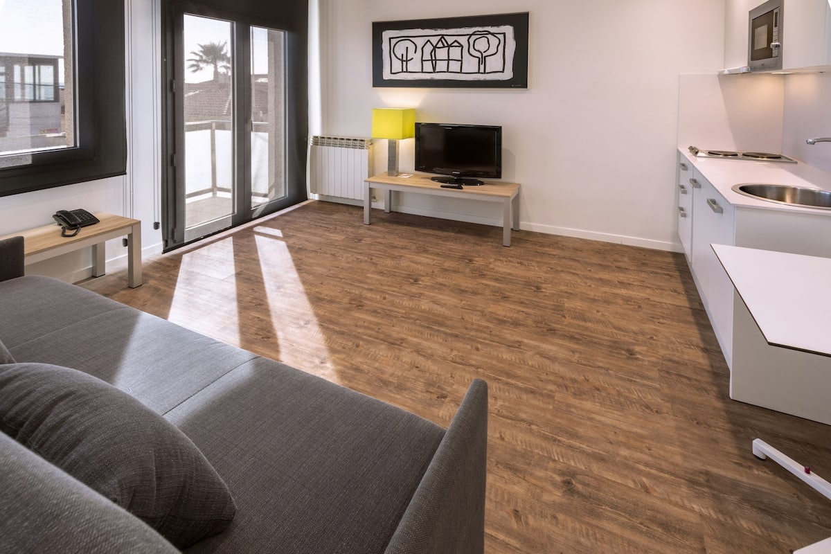 Un salon moderne avec un canapé gris, un téléviseur à écran plat posé sur un meuble en bois, et un coin cuisine doté d’un plan de travail et d’un évier blancs.