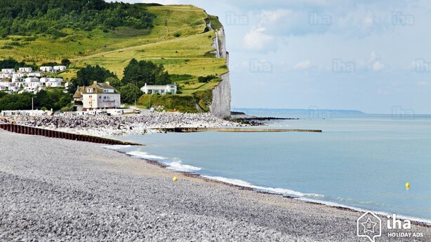 A coastal area with a pebble beach, a cliff, and houses on the hillside. - Hôtel Les Galets (Criel-sur-Mer)