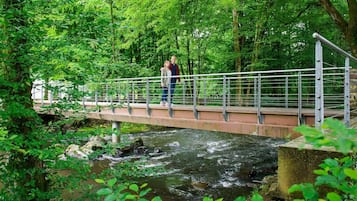 A pedestrian bridge over a river with a metal railing, surrounded by lush greenery.