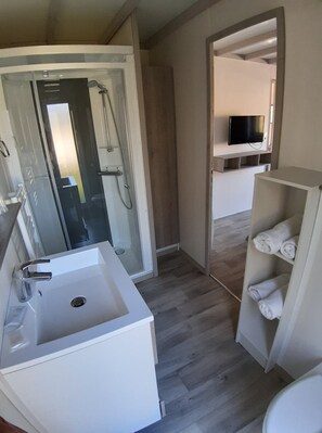 Twin kamer | Badkamervoorzieningen | Een douche, gratis toiletartikelen, een haardroger, handdoeken