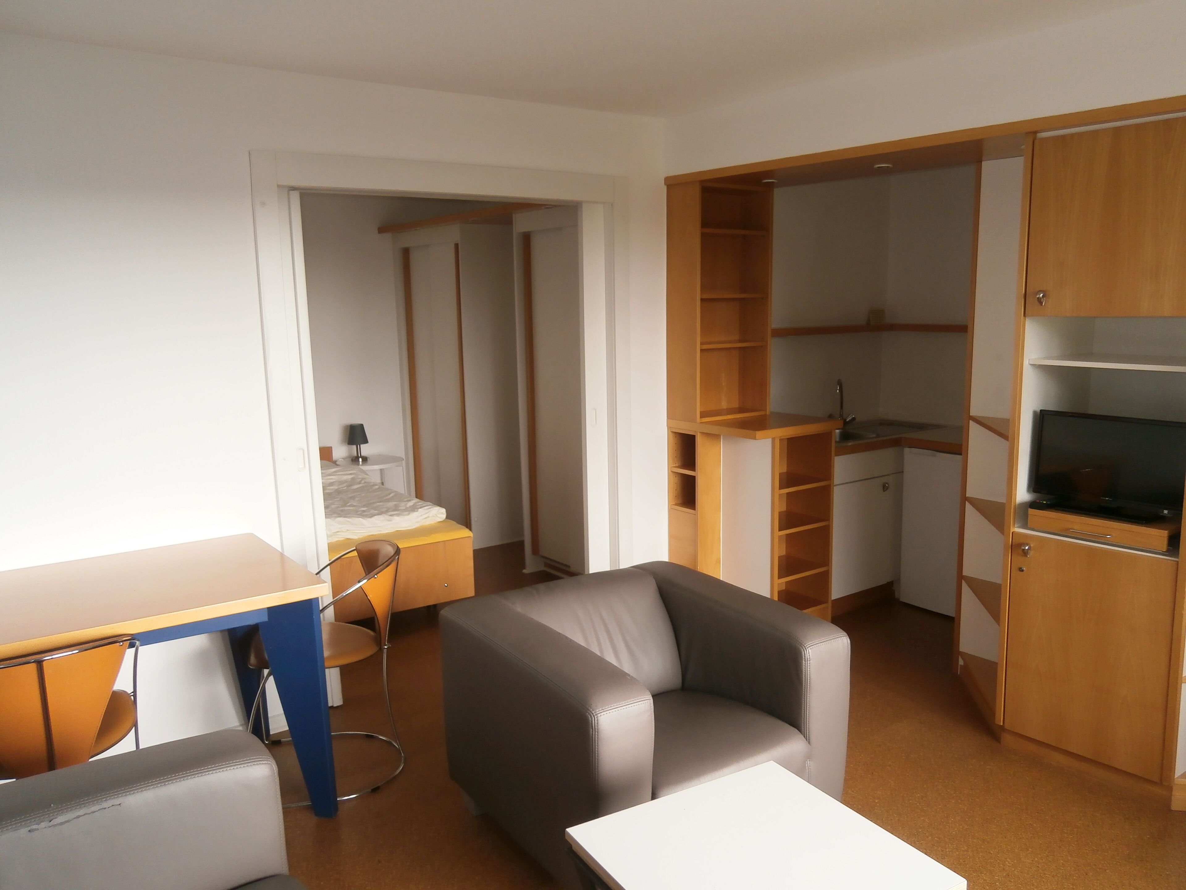 A compact living space with a kitchenette, a dining area, and a seating area with a sofa and a chair.