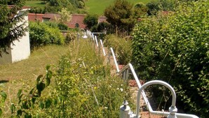 Un paysage rural avec un sentier menant à un bâtiment blanc doté d’un toit rouge, entouré de verdure et de champs.