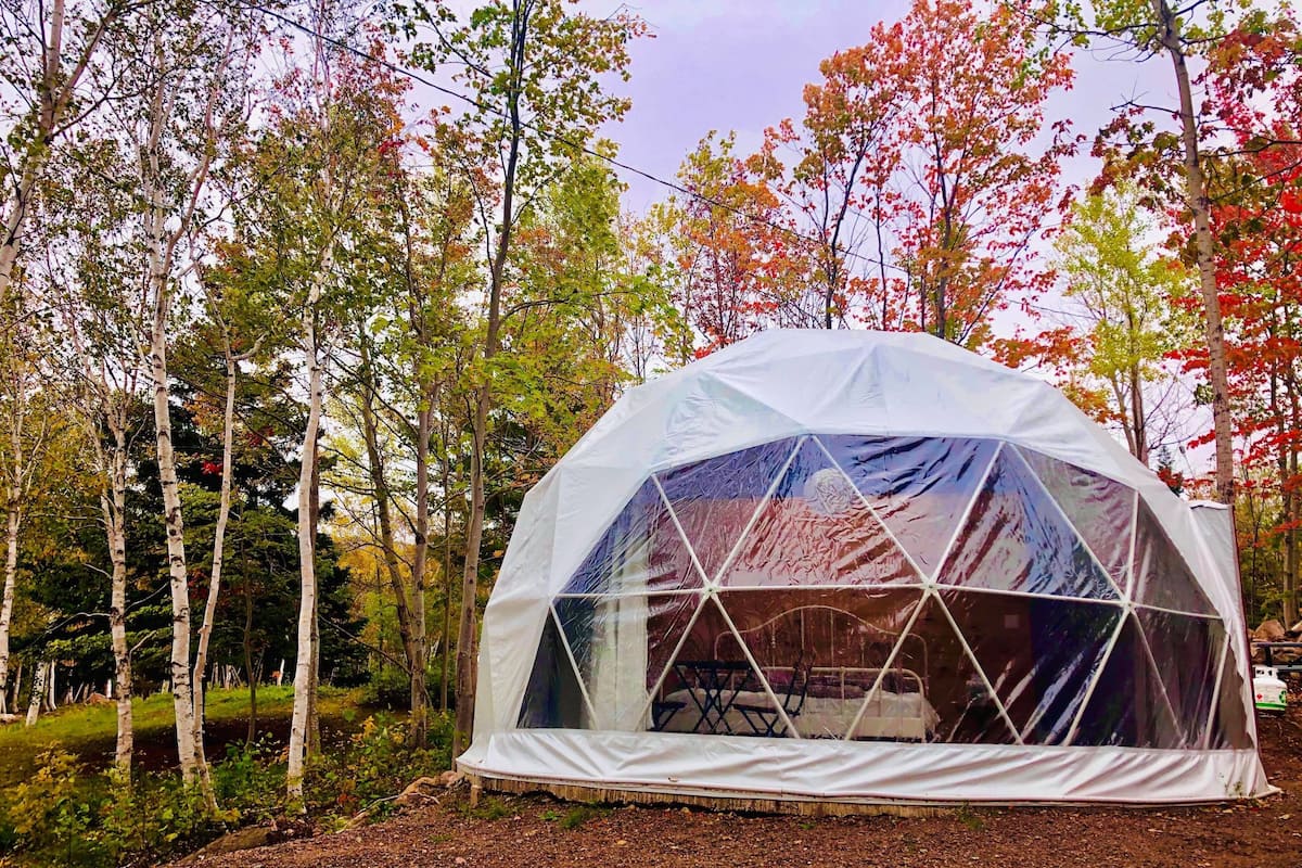 A geodesic dome tent in a forested area with trees in autumn colors.