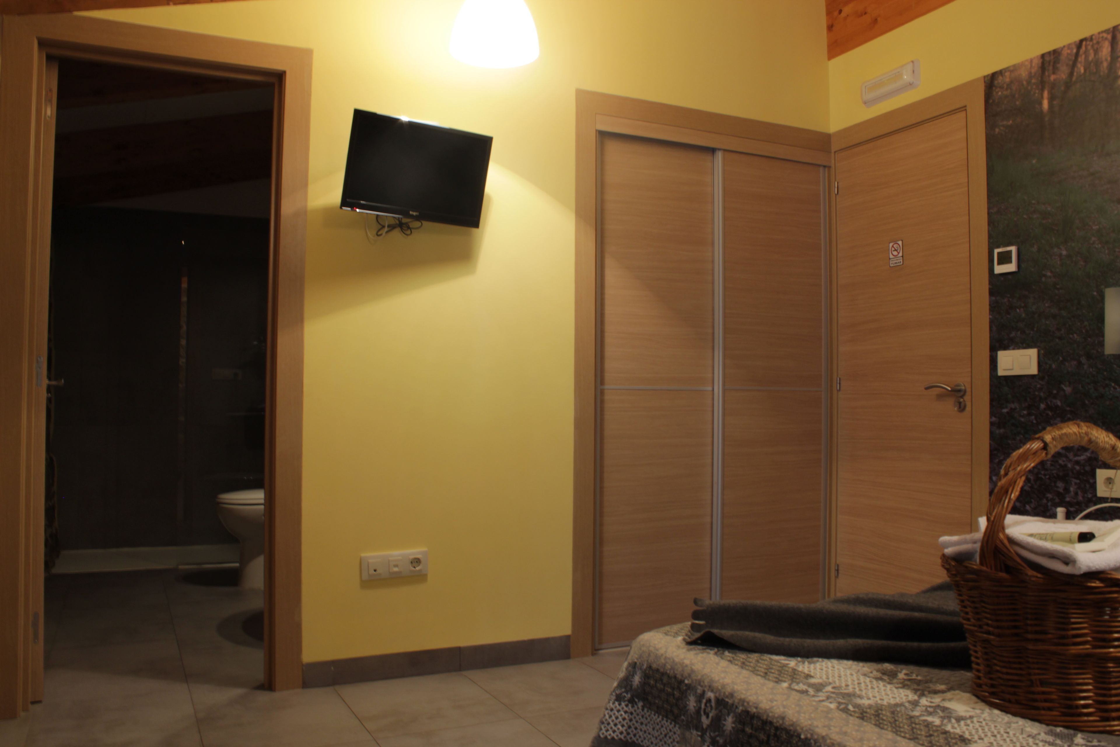 A bathroom with a toilet, a shower, a sink, a mirror, and a television mounted on the wall.
