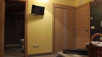 A bathroom with a toilet, a shower, a sink, a mirror, and a television mounted on the wall.