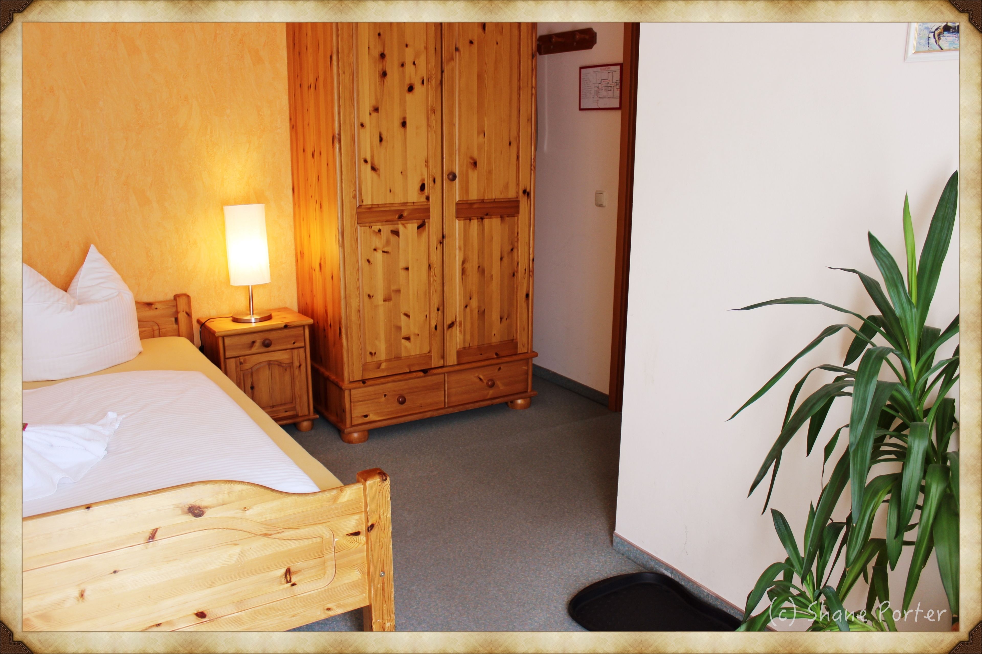 Una cama de madera con un almohadón blanco y una mesita de noche con una lámpara. Hay un armario de madera y una planta en maceta en la esquina.