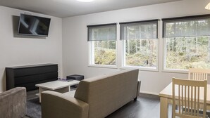 A modern living room with a sofa, a small table, a TV mounted on the wall, and large windows with a view of trees.
