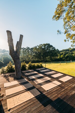A wooden deck with mats and a sculptural tree trunk.