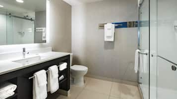A modern bathroom with a glass shower enclosure, a white toilet, and a vanity with a mirror and sink.