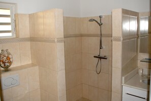 シャワー、ヘアドライヤー、タオル、トイレットペーパー