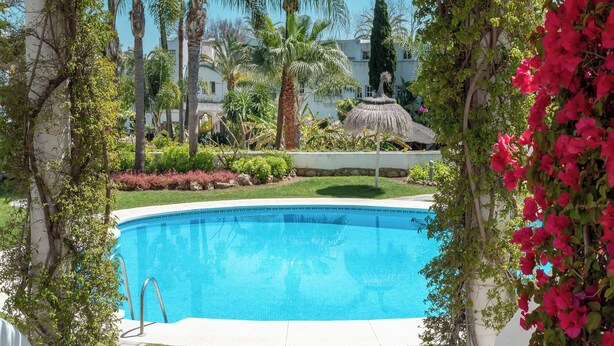 A swimming pool surrounded by lush greenery, palm trees, and a thatched-roof structure. - Stunning apartment on the Golden Mile (Marbella)
