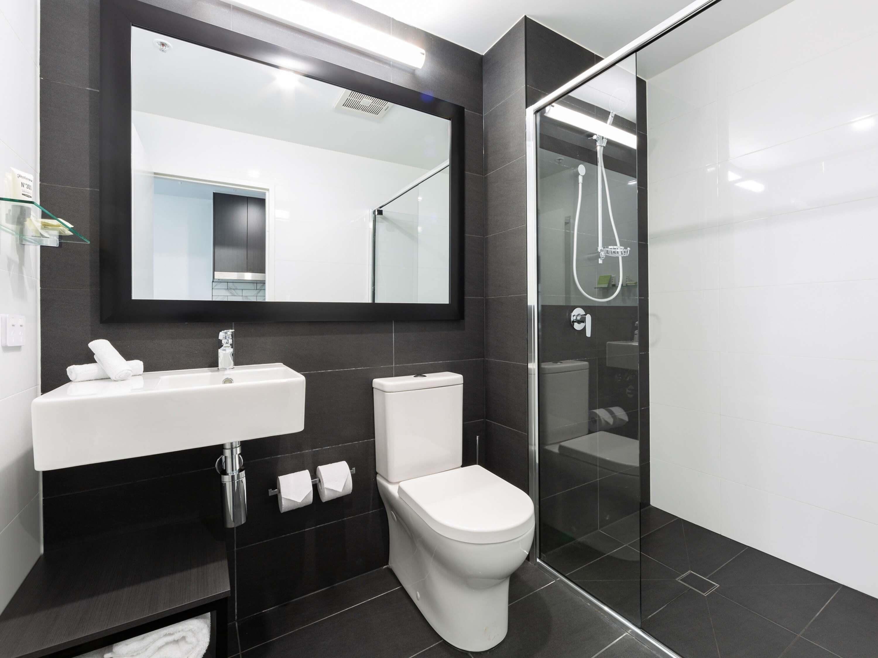A modern bathroom with a glass-enclosed shower, a white sink, and a toilet.