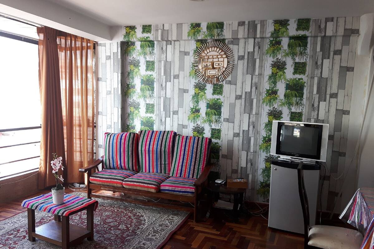 Un salon avec un canapé, un téléviseur et un tapis à motifs.