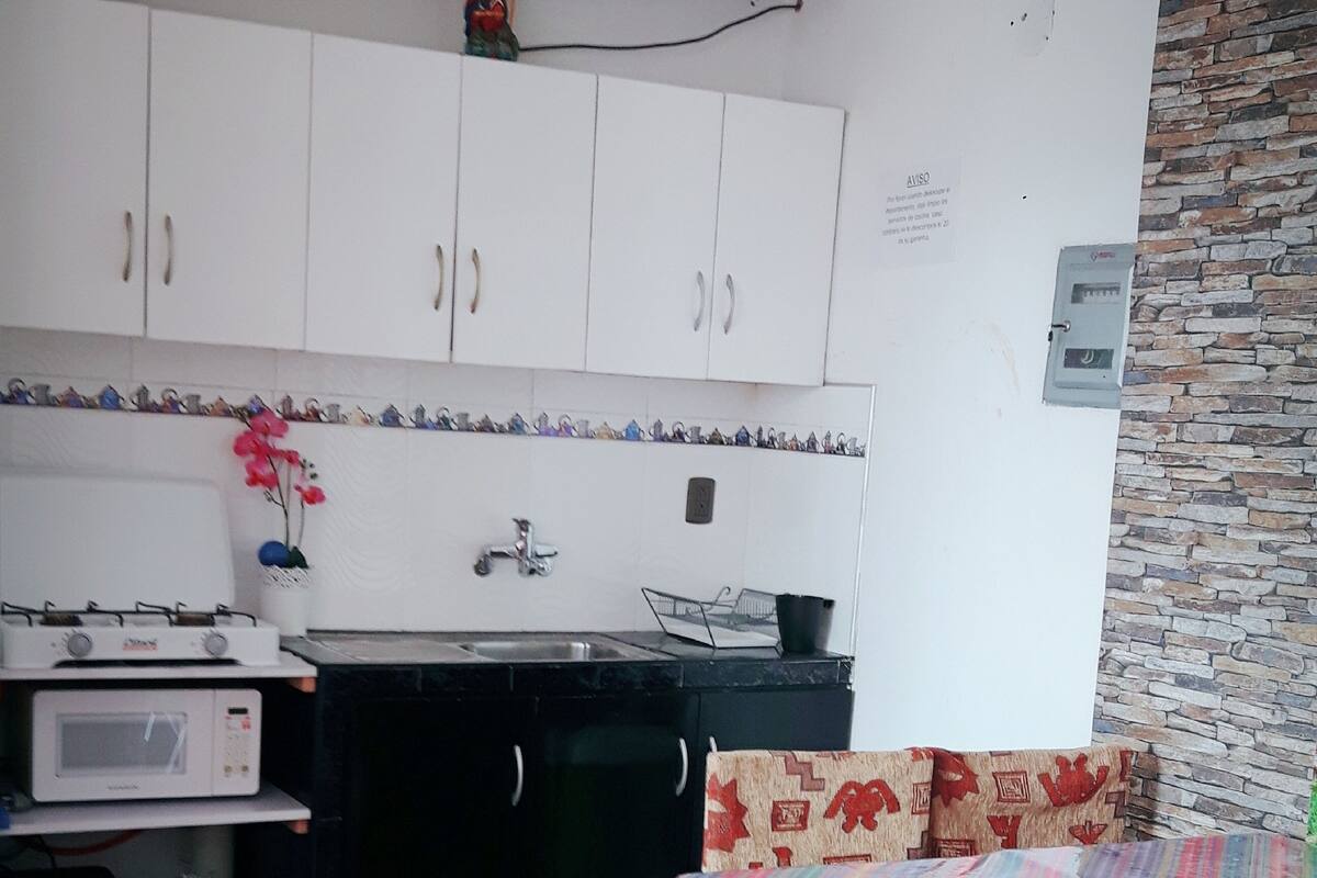 Une pièce compacte avec une kitchenette, un lit recouvert d’une couverture colorée et un plancher à motifs en chevrons.