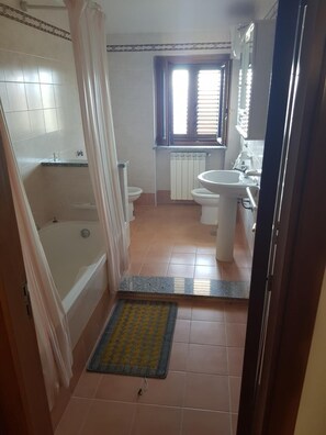 Deep-soaking bathtub, rainfall showerhead, bidet, towels