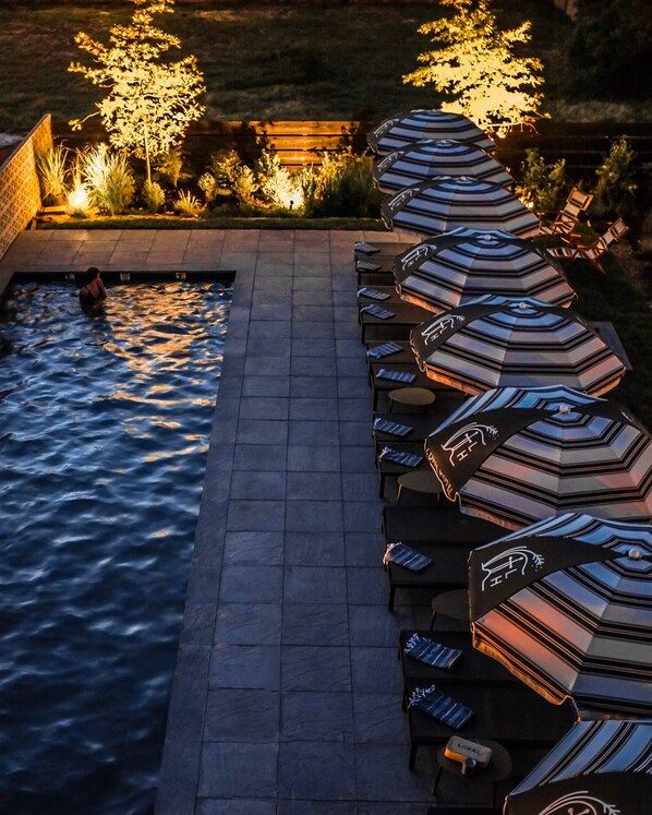 Seasonal outdoor pool, pool umbrellas, pool loungers