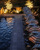 Seasonal outdoor pool, pool umbrellas, sun loungers