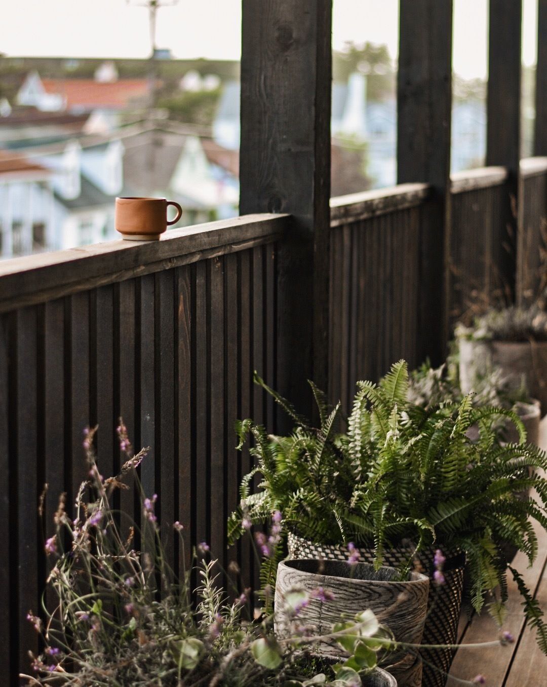 A wooden balcony with a rustic fence, a potted fern, and a cup on the railing.