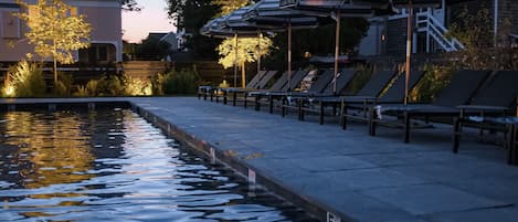 Seasonal outdoor pool, pool umbrellas, pool loungers