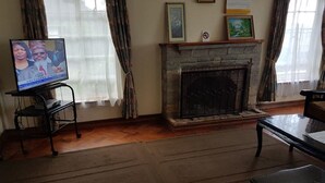 Een woonkamer met een open haard, een televisie op een standaard en een bank.
