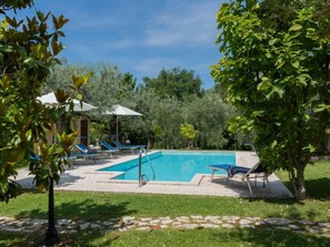 A rectangular swimming pool with a tiled deck, surrounded by green grass and trees. There are lounge chairs and umbrellas near the pool.