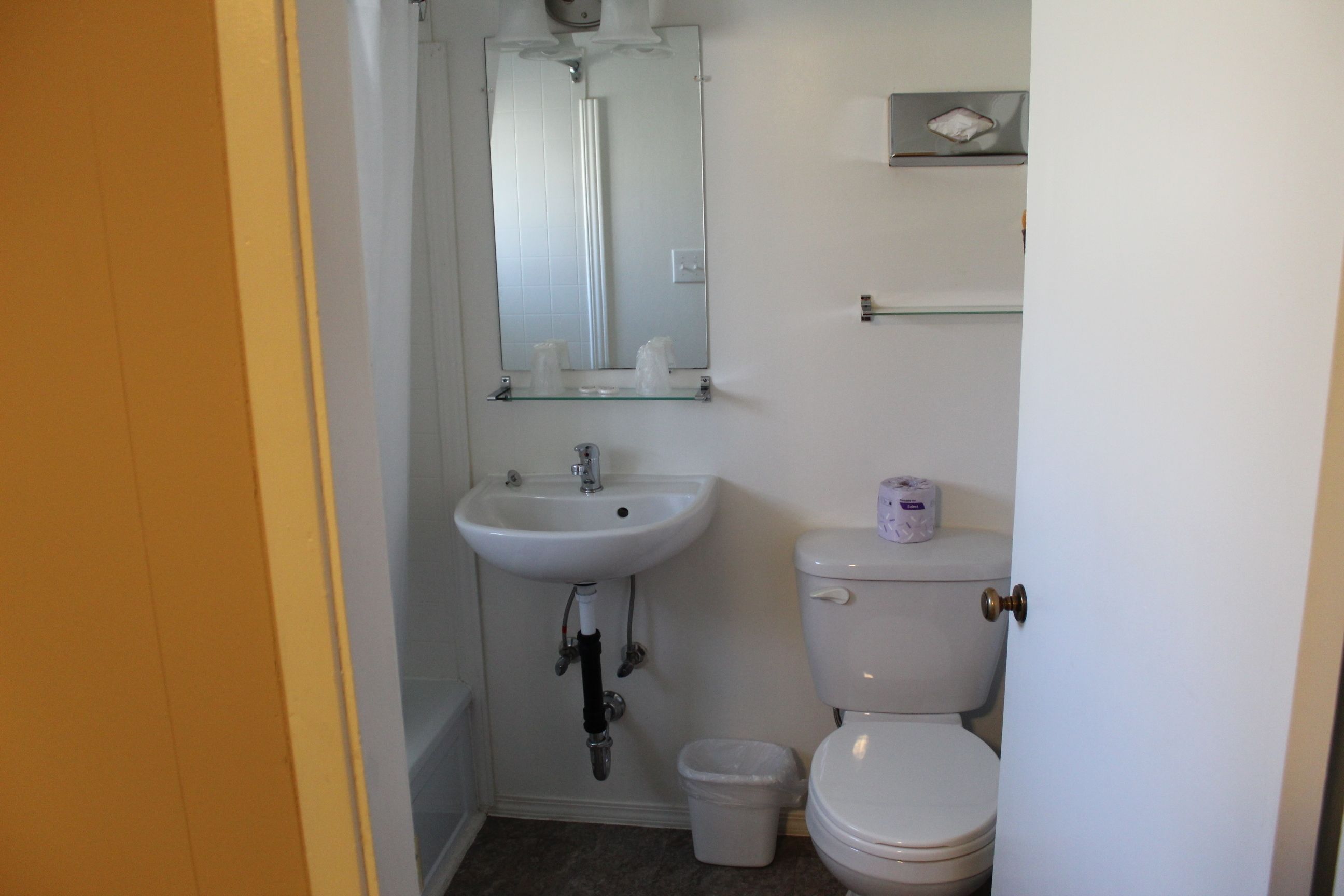 A small bathroom with a white sink, a mirror, a toilet, and a trash bin.