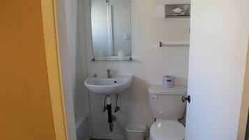 A small bathroom with a white sink, a mirror, a toilet, and a trash bin.