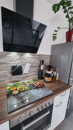 Fridge, microwave, oven, stovetop - 85 m² apartment, outskirts - 3 rooms, kitchen, bathroom, 15 m² south-west balcony (Leipzig)