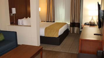 A hotel room with a bed, a desk, a television, and a sofa.