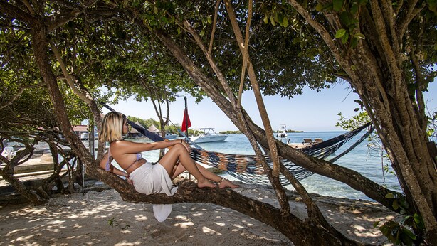 A hammock tied between trees on a sandy beach with boats in the background.