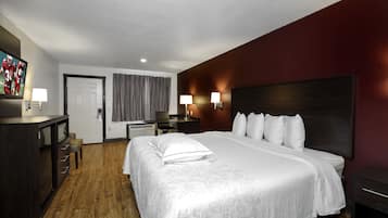 Desk, laptop workspace, blackout curtains, iron/ironing board