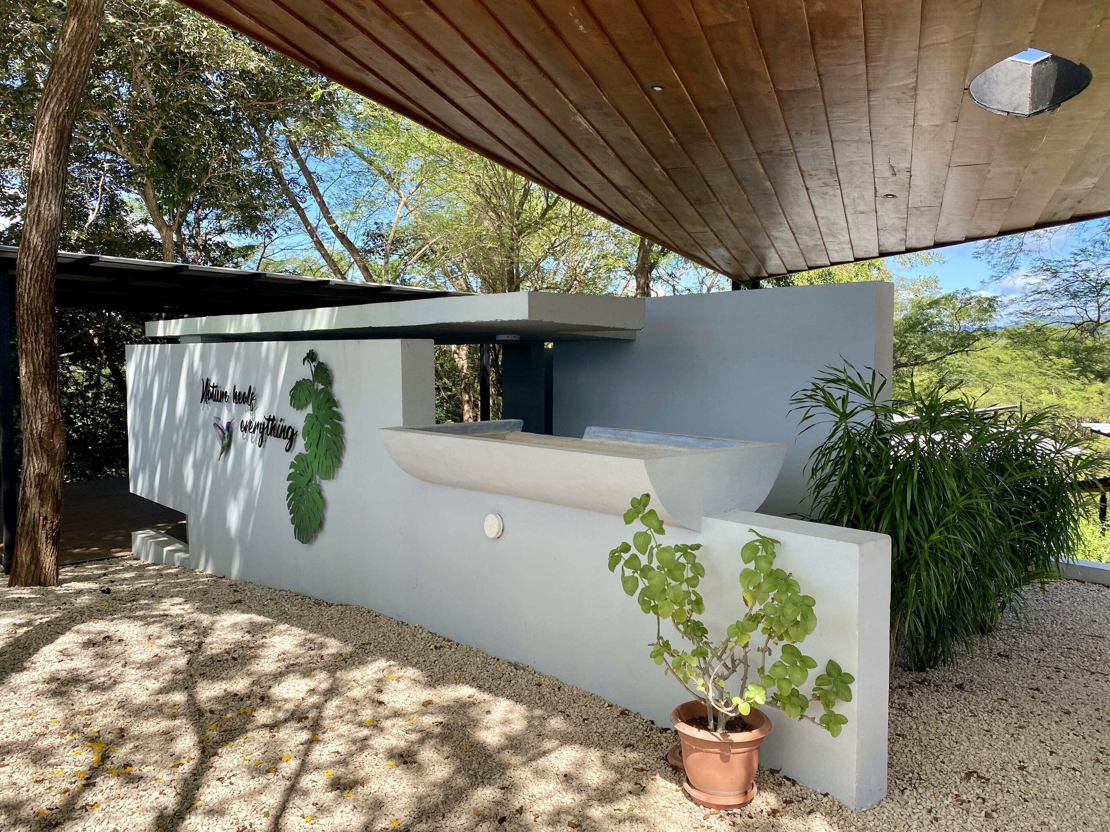 Una estructura moderna al aire libre con un banco de hormigón, una planta en maceta y una pared con un diseño inspirado en la naturaleza.