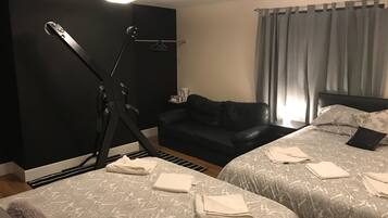 Desk, laptop workspace, blackout drapes, soundproofing