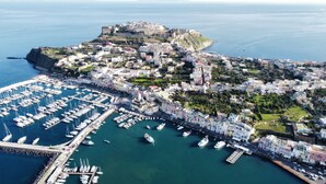 Vista aérea de un pueblo costero con un puerto deportivo, edificios históricos y una colina fortificada.