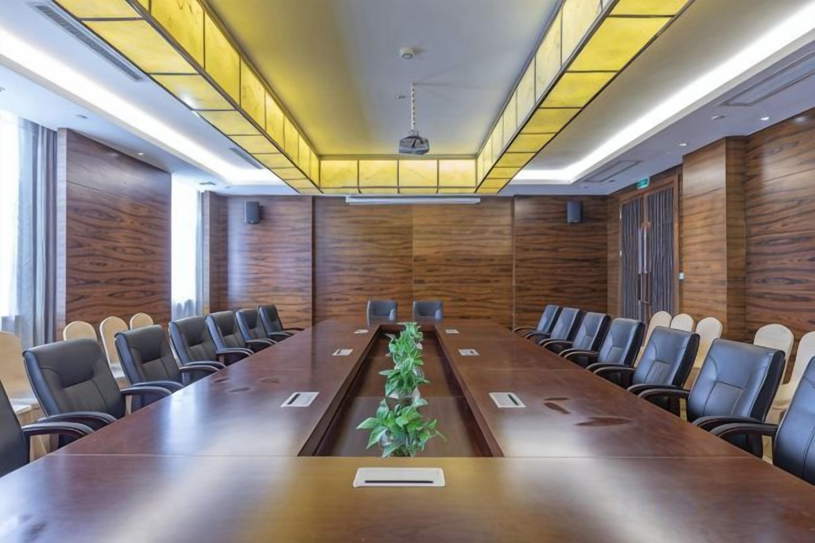 A conference room with a long table, chairs, and a plant.