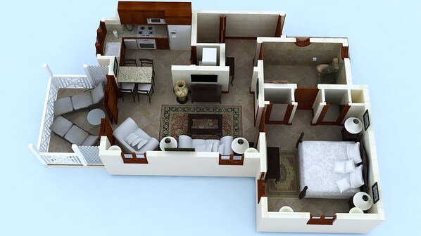 A 2D floor plan of a hotel room with a kitchenette, a living area with a sofa and a dining table, a separate bedroom with a bed and a bathroom. - Hilton Grand Vacations Club The Crane Barbados (Diamond Valley)