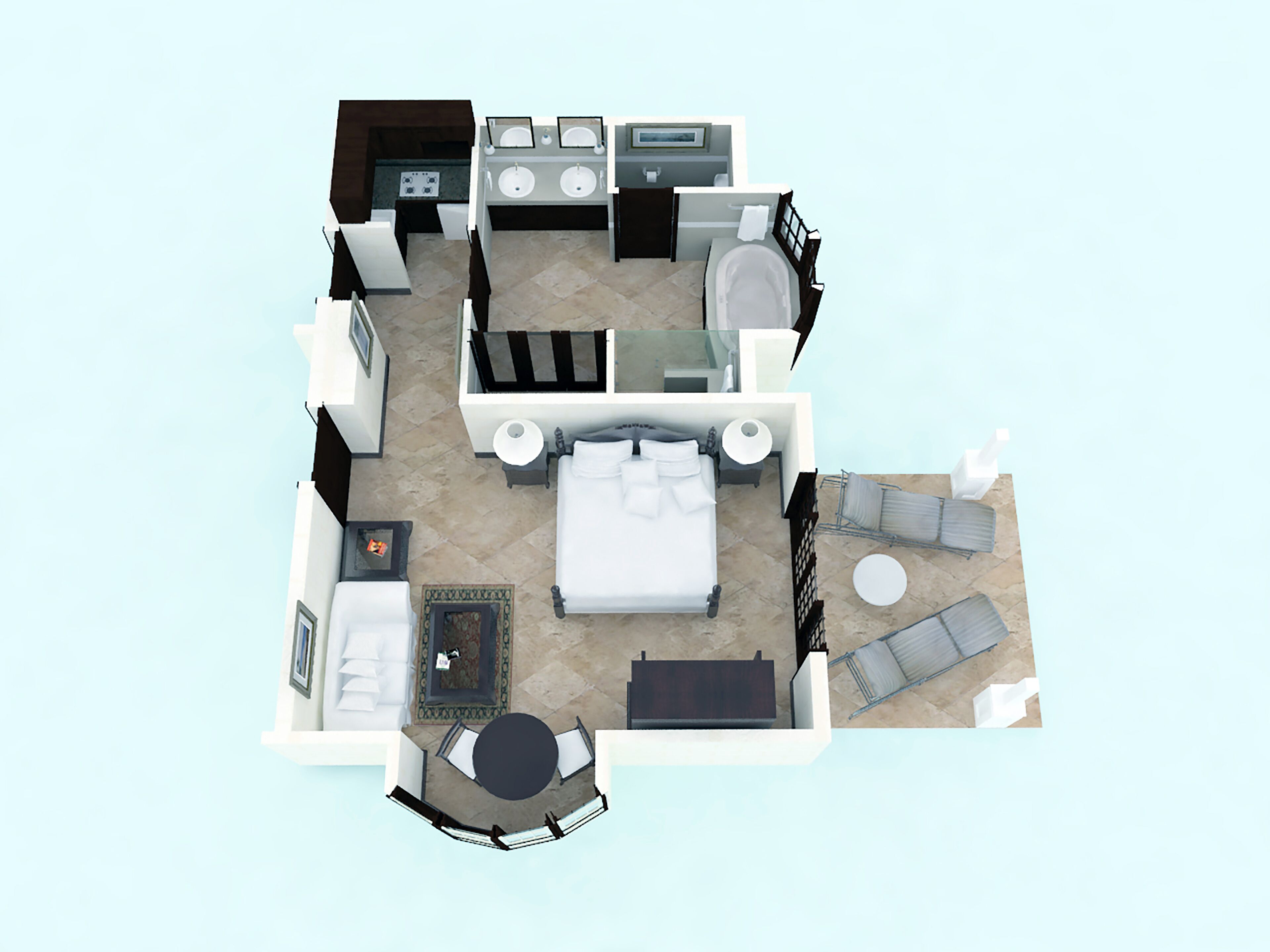 A 2D floor plan of a hotel room with a bed, two bedside tables, a desk, a chair, a small table with a chair, and a bathroom with a bathtub and toilet.